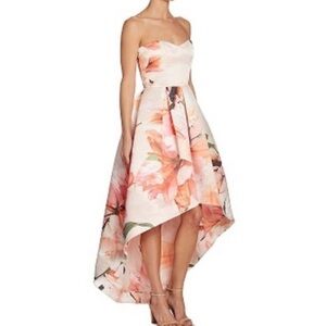 Parker Strapless Floral High-Low Dress in Pink and Cream